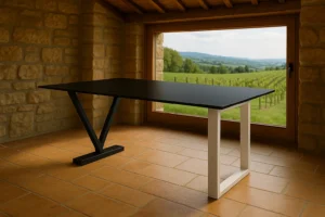 Tavolo in vetro con gambe in ferro bianche, ambientato in una villa con vista su vigneto