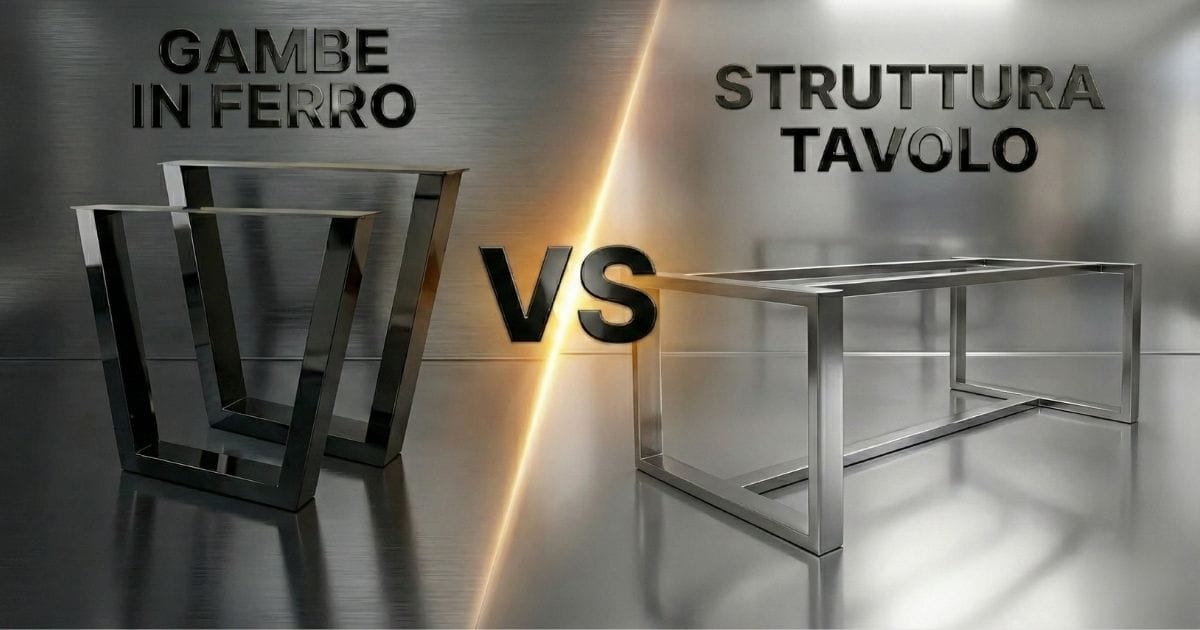 Grafica confronto epico: a sinistra gambe in ferro per tavoli modello U, a destra struttura tavolo completa modello Xtreme. Al centro la scritta 'GAMBE IN FERRO VS STRUTTURA TAVOLO' con testo nero metallizzato font Inter e icona VS su sfondo geometrico moderno.