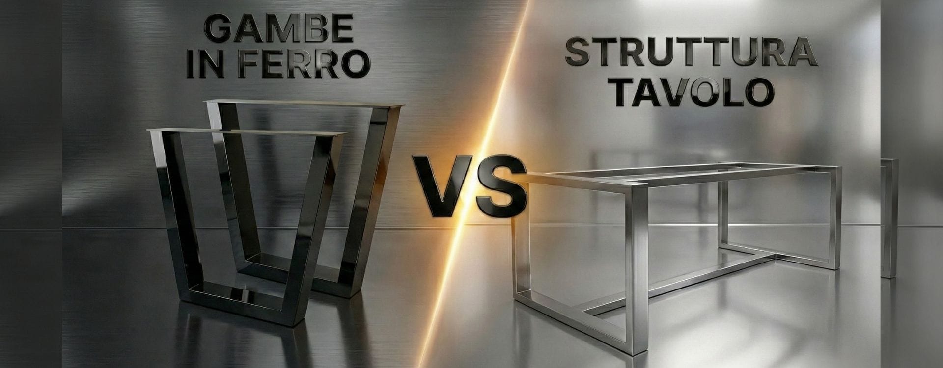 Banner 1920x750 confronto epico: a sinistra gambe per tavolo a U, a destra struttura Xtreme. Scritta centrale 'GAMBE IN FERRO VS STRUTTURA TAVOLO' in nero metallizzato font Inter su sfondo Roma antica con colonne e pavimento riflettente.
