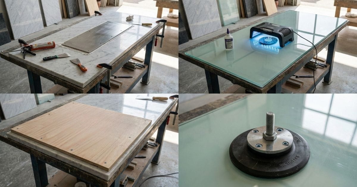 Infografica tecnica che illustra i metodi di ancoraggio delle gambe in ferro Decimus su diversi materiali: dettagli su ventose e incollaggio UV per piani in vetro, e uso di sottopiano in legno o resine epossidiche per piani in marmo e pietra.