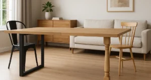 Vista laterale di un tavolo moderno con gambe in ferro e legno a confronto in un ambiente rustico elegante