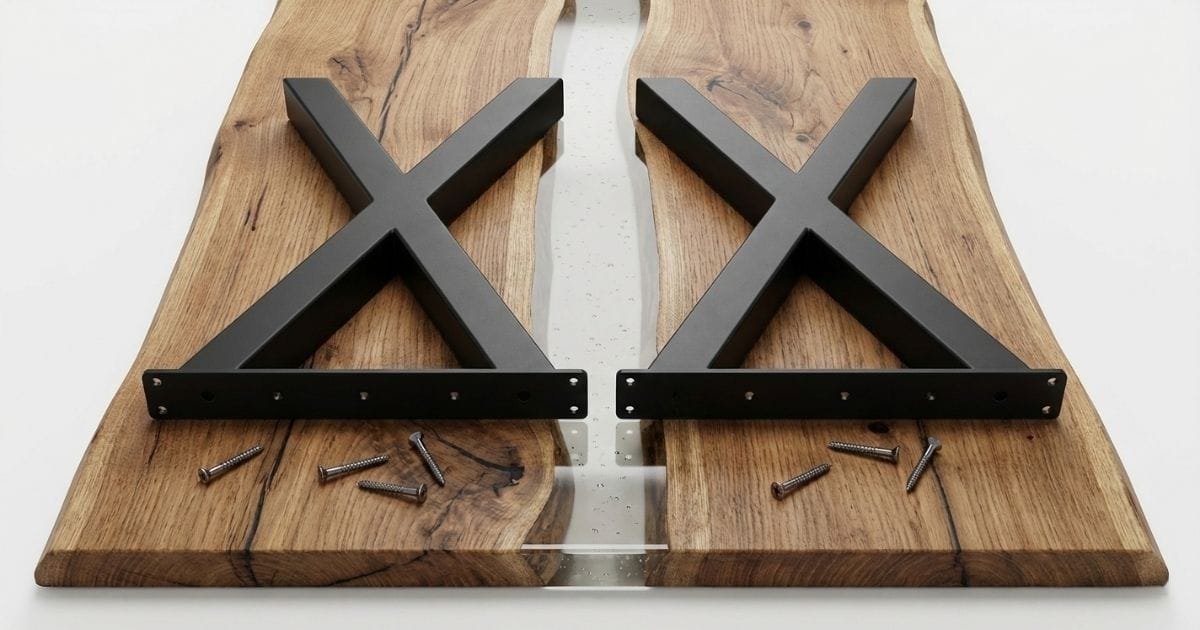 Vista inferiore del tavolo capovolto con gambe in ferro ad X già fissate al piano in legno massello e resina, dettaglio tecnico del montaggio – Decimus.