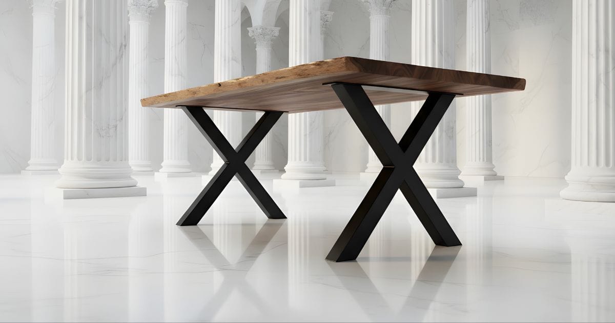 Gambe in ferro per tavoli Decimus con piano in legno massello, ambientate in sala con colonne romane e pavimento in marmo bianco lucido — design artigianale italiano di alta qualità. Immagine in evidenza snippet google