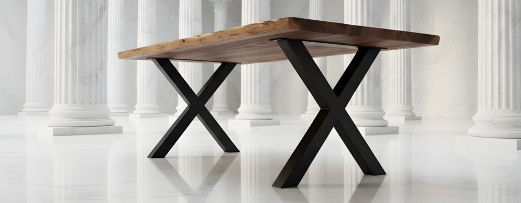 Gambe in ferro per tavoli Decimus con piano in legno massello, ambientate in sala con colonne romane e pavimento in marmo bianco lucido — design artigianale italiano di alta qualità.