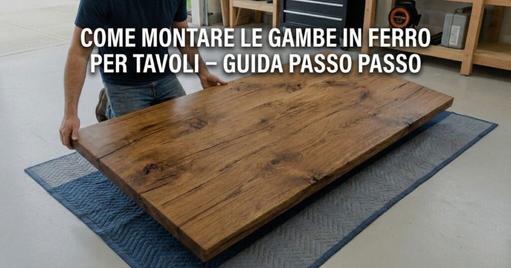 Piano in legno massello da 2 metri capovolto su tappeto protettivo, pronto per l'assemblaggio. Titolo sovraimpresso: Come montare le gambe in ferro per tavoli – guida passo passo.