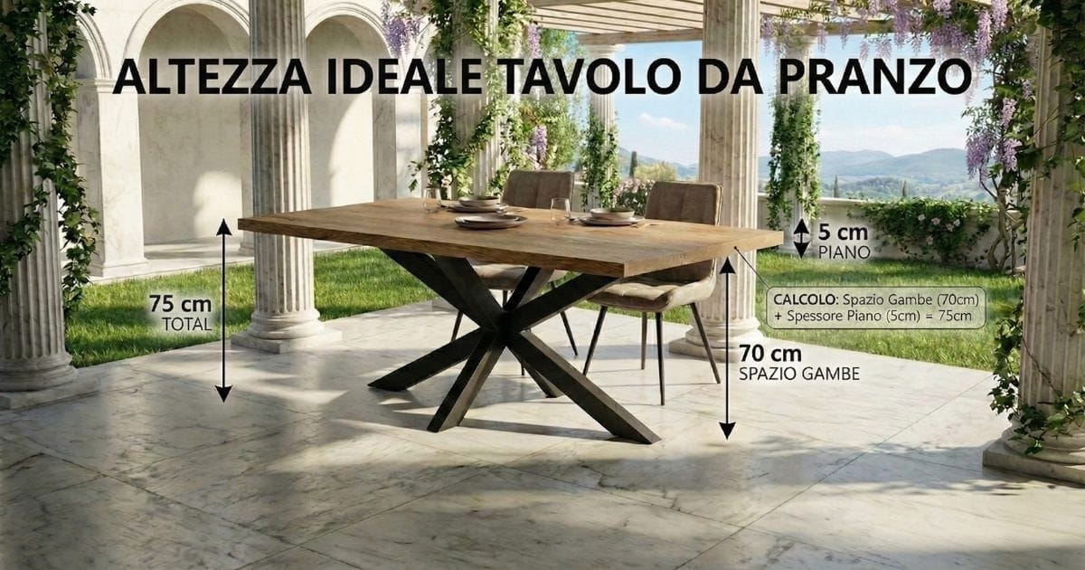 Diagramma che illustra l'altezza ideale di un tavolo da pranzo in legno con gambe a stella in metallo e due sedie. Le frecce e le etichette mostrano un'altezza totale di 75 cm, uno spazio per le gambe di 70 cm e uno spessore del piano di 5 cm