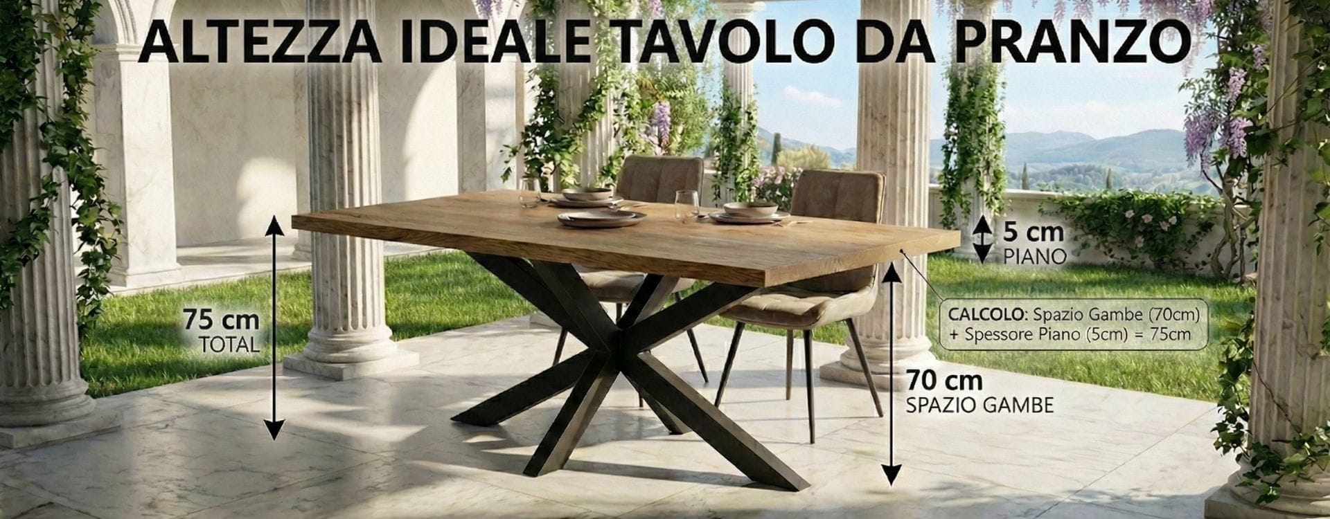 Infografica che illustra le misure ideali per un tavolo da pranzo standard. L'immagine mostra un tavolo in legno con base a stella in metallo ambientato in un patio romano, con frecce e testi che indicano: altezza totale 75 cm, spazio per le gambe 70 cm e spessore del piano 5 cm.