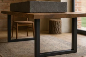 Gambe in ferro per tavolo con piano in legno massello in ambiente rustico