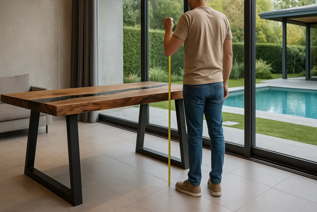 Persona che misura un tavolo in una villa elegante – installazione gambe in ferro Decimus in contesto raffinato