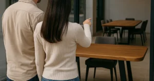 Persone davanti a una vetrina che osservano un tavolo da pranzo elegante
