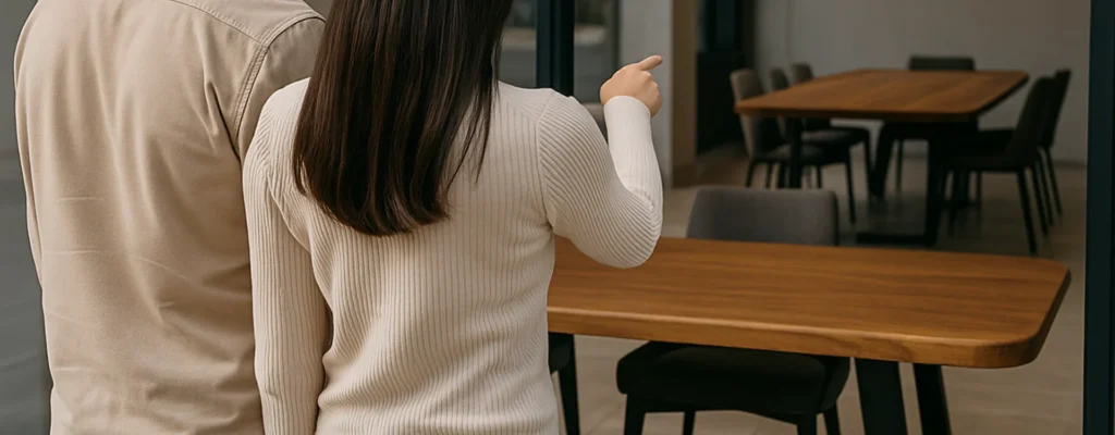 Vista laterale di una coppia che indica un tavolo da pranzo moderno all'interno di uno showroom
