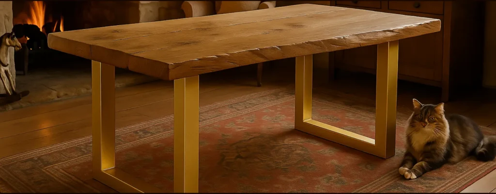 Vista orizzontale di tavolo con gambe rettangolari in ferro color oro – scelta del colore ideale secondo Decimus
