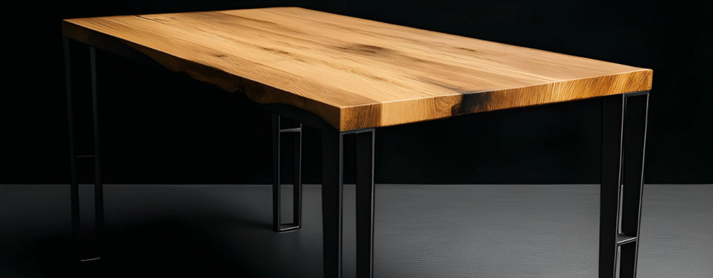 Tavolo in legno con gambe in ferro modello Lyra su pavimento nero, stile elegante e artigianale – Decimus - Immagine Articolo