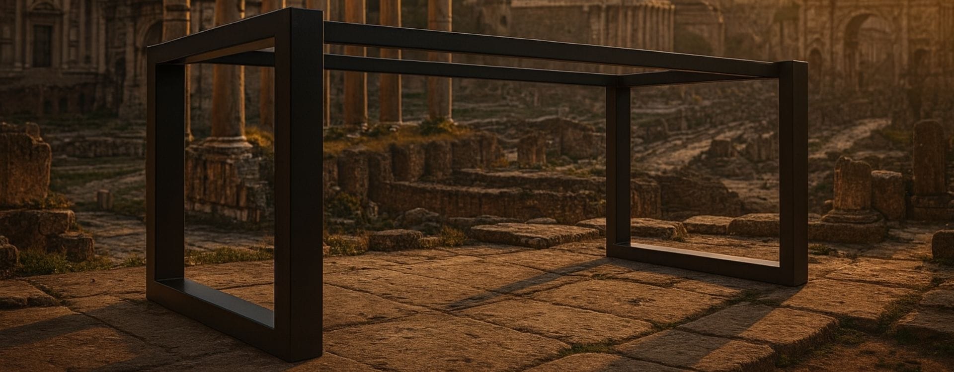 Vista laterale della struttura rettangolare con doppia barra – Gambe in ferro per tavoli Decimus su sfondo giallo, ideale per piani lunghi e pesanti