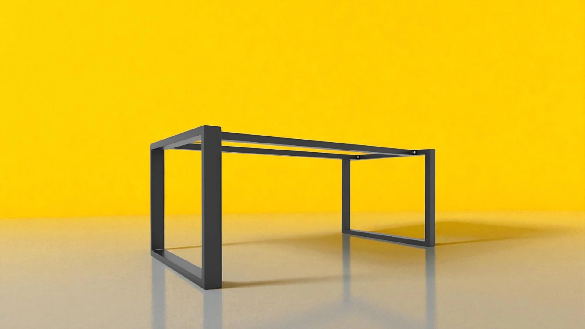 Struttura rettangolare in ferro con doppia barra – Gambe in ferro per tavoli Decimus su sfondo giallo, design artigianale e moderno
