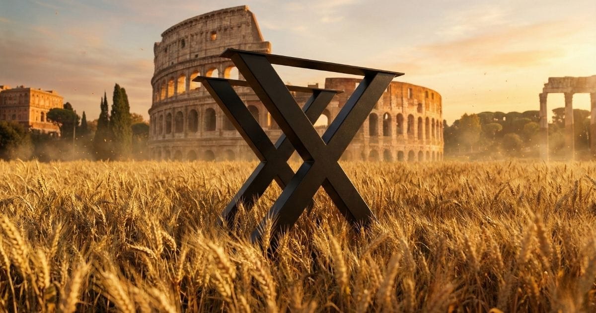 Gambe per tavolo in metallo nero a forma di X in primo piano, immerse in un campo di grano dorato al tramonto. Sullo sfondo, il Colosseo romano e rovine antiche sotto un cielo arancione, in una scena cinematografica epica che ricorda il film 'Gladiatore'