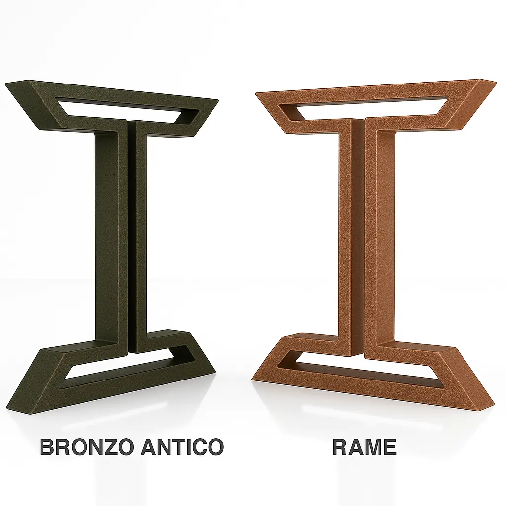 Gambe in ferro per tavoli nei colori Bronzo Antico grana media e Rame grana grossa, vista frontale su sfondo bianco