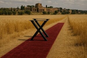 Gambe in ferro ad X su tappeto rosso in campo di grano con rovine romane