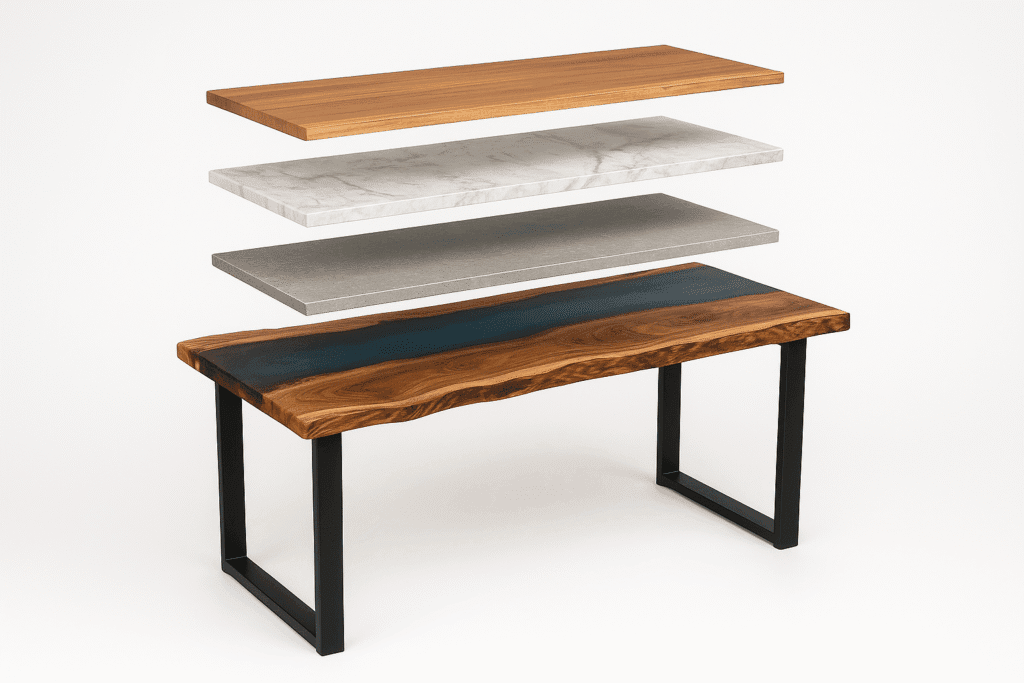 Tavolo con gambe in ferro compatibile con piani in legno massello e resina, vetro, marmo e gres – immagine dimostrativa Decimus