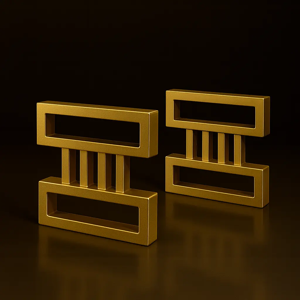 Gambe in ferro Vulkrum Domus Decimus finitura oro, design geometrico con telai sospesi e tubolari verticali per tavoli moderni e industriali - Decimus