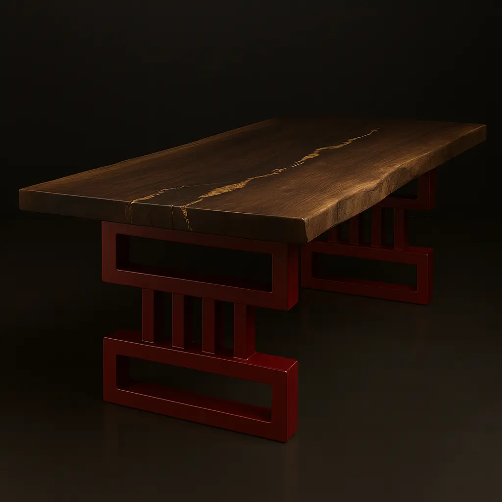 Tavolo in legno massello con gambe in ferro Vulkrum Domus Decimus finitura bordeaux, stile moderno e geometrico