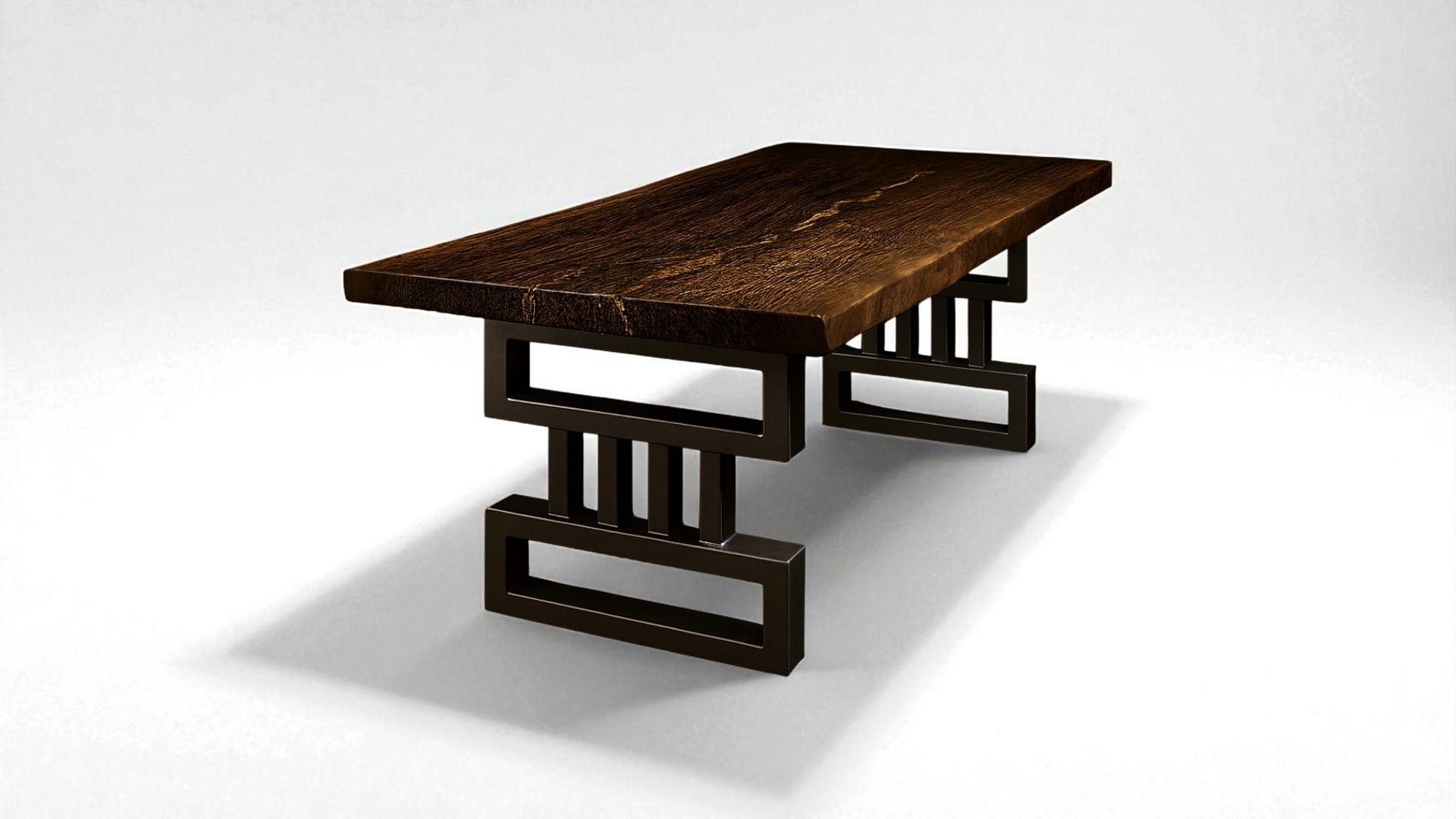 Gambe in ferro per tavoli Vulkrum Domus Decimus con piano in legno massello e design geometrico moderno