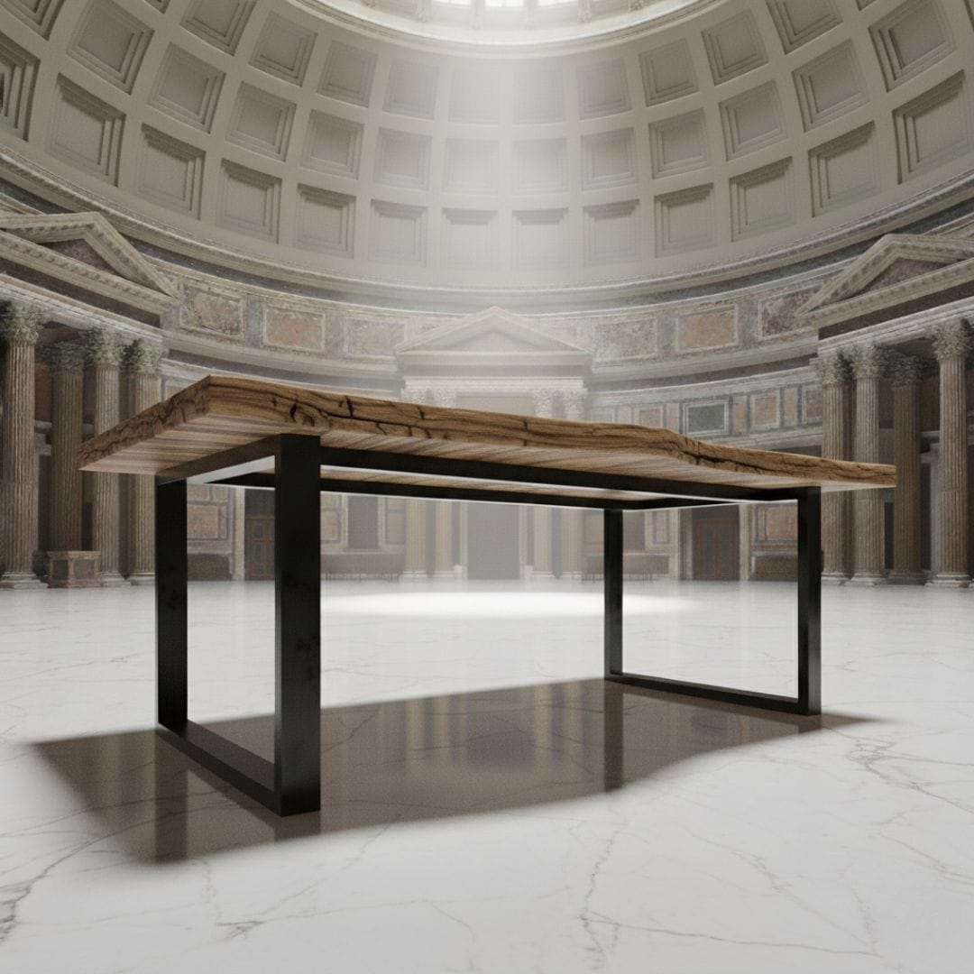 Tavolo con gambe in ferro struttura rettangolare doppia barra nero opaco e piano in legno massello, ambientato in sala romana.
