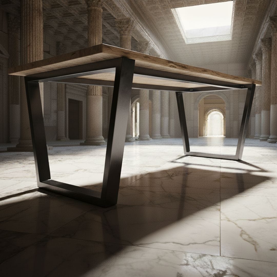 Tavolo con gambe in ferro trapezoidali a doppia barra nero opaco e piano in legno massello, ambientato in sala romana con colonne.