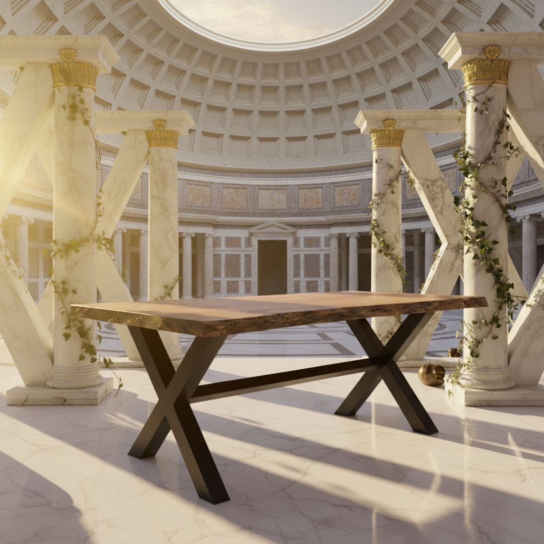 Tavolo con gambe in ferro struttura X barra centrale nero opaco e piano in legno massello, stile artigianale italiano in ambientazione romana.