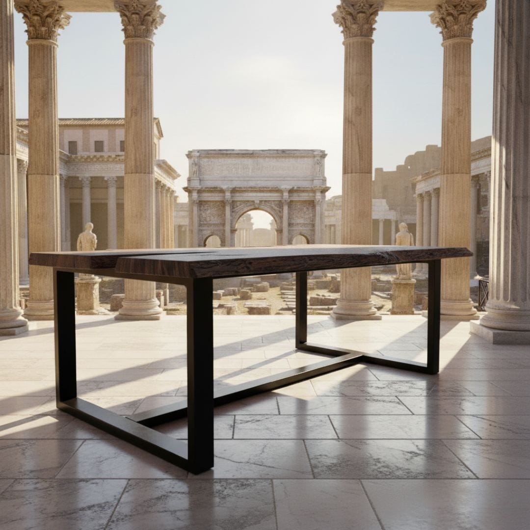 Tavolo con gambe in ferro struttura Xtreme tre barre nero opaco e piano in legno massello, stile artigianale in ambientazione romana.
