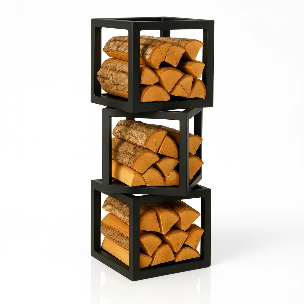 Porta legna in ferro Decimus con tre cubi impilati, design moderno in tubolare nero opaco, con legna ordinata all’interno su sfondo bianco lucido riflettente