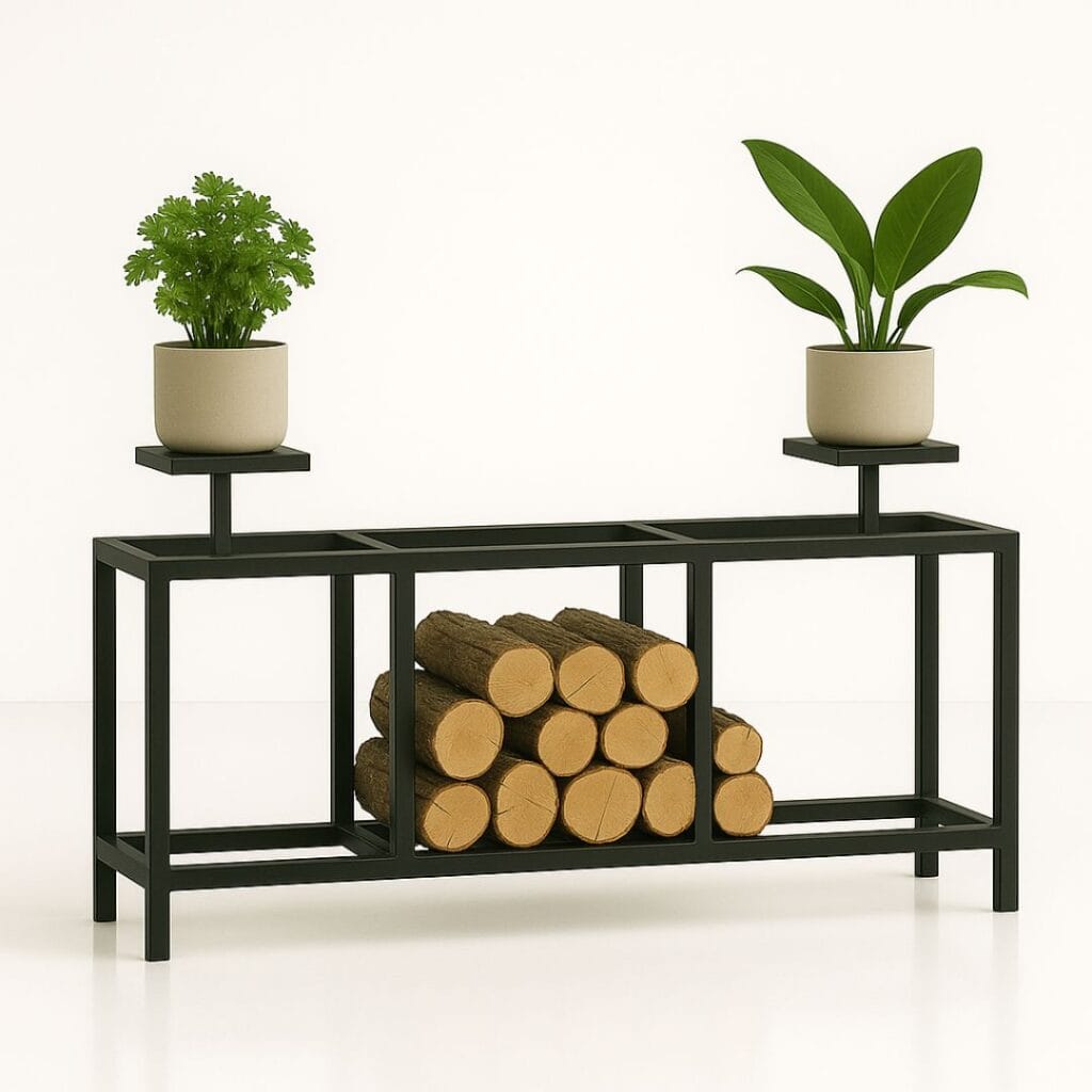 Porta legna in ferro moderno con struttura a 3 scomparti, centrale più largo e laterali più stretti, dotato di piedistalli quadrati per piante e legna ordinata al centro, design minimal su sfondo bianco.