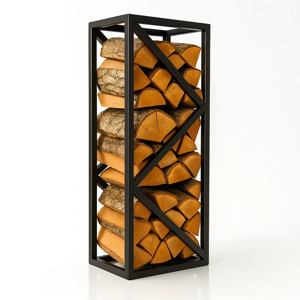 Porta legna in ferro verticale Decimus con struttura a incroci diagonali, realizzato in tubolare nero opaco, riempito con legna ordinata su sfondo bianco lucido con riflessi