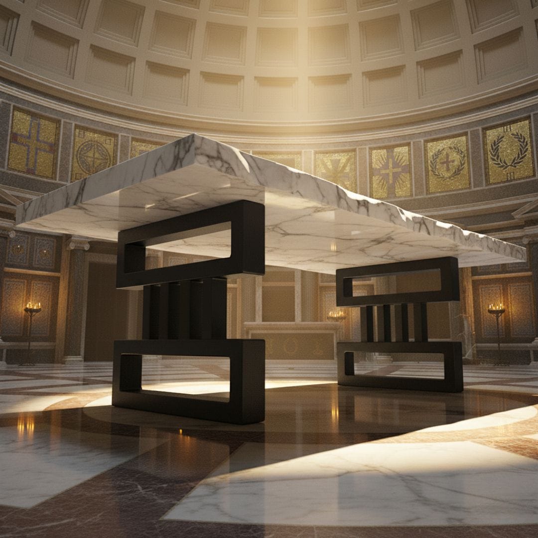 Tavolo Vulkrum Domus con gambe in ferro e piano in marmo bianco, collocato nel Pantheon romano, arredo artigianale Decimus.