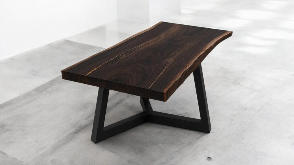 Base centrale Trivium Decimus in ferro per tavoli con piano in legno massello e design moderno a tre supporti