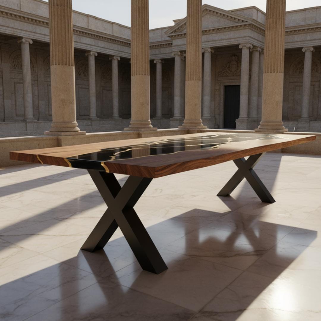 Tavolo in legno massello con inserti in resina nera e oro, sorretto da gambe in ferro a X nere, ambientato in un colonnato romano.