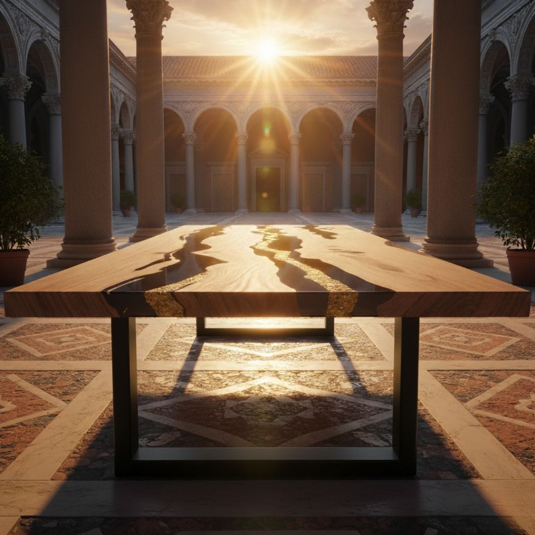 Tavolo in legno con inserti in resina dorata e gambe in ferro, ambientato in un elegante cortile romano al tramonto.
