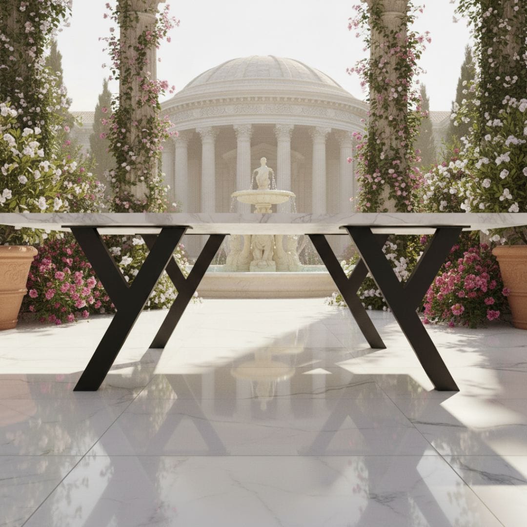 Tavolo con piano in marmo bianco e gambe in ferro a Y nere, collocato in un cortile elegante con fontana e colonne