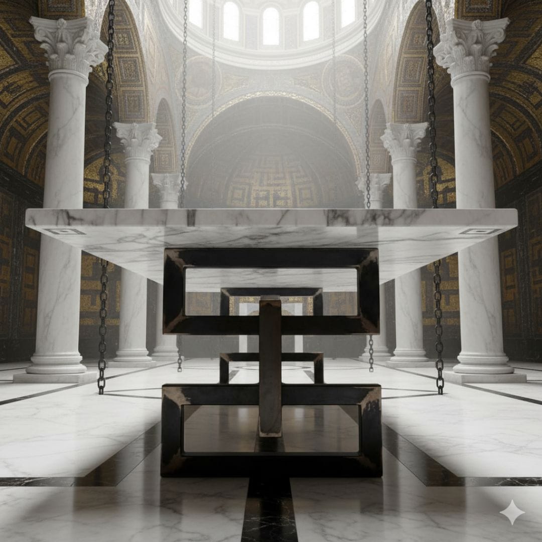 Tavolo con piano in marmo di Carrara e gambe in ferro modello Vulkrum finitura industriale, ambientato in sala romana con colonne classiche