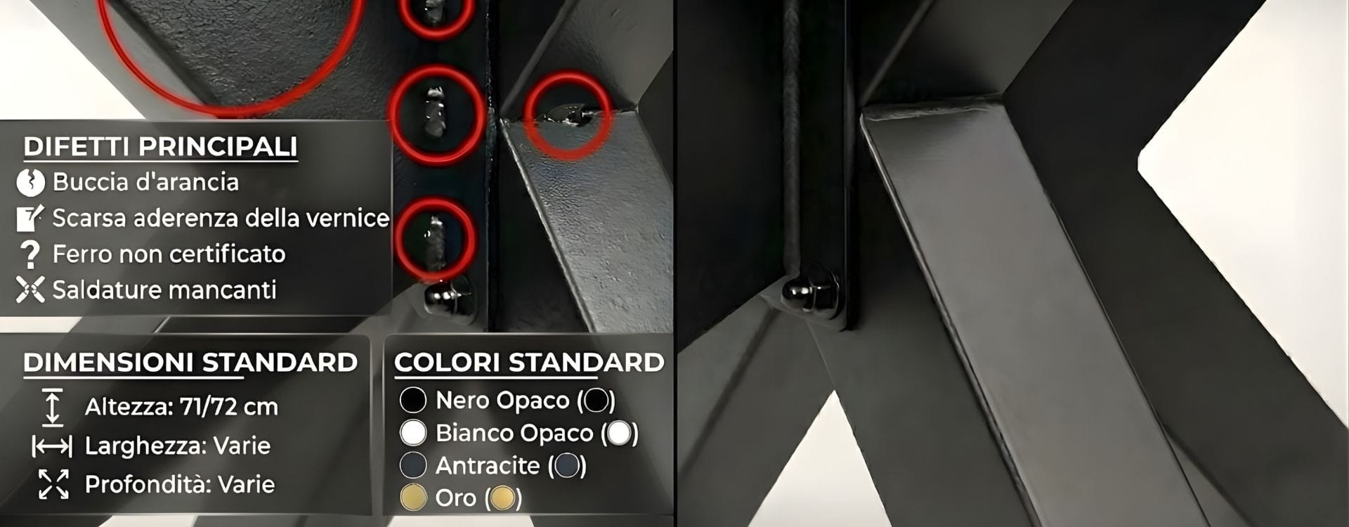 Confronto fotografico gambe per tavoli in ferro: a sinistra esempio low-cost con verniciatura ruvida a buccia d'arancia, saldature a punti difettose e lista difetti evidenziati. A destra esempio alta qualità Decimus con finitura liscia e saldatura continua - immagine interna articolo