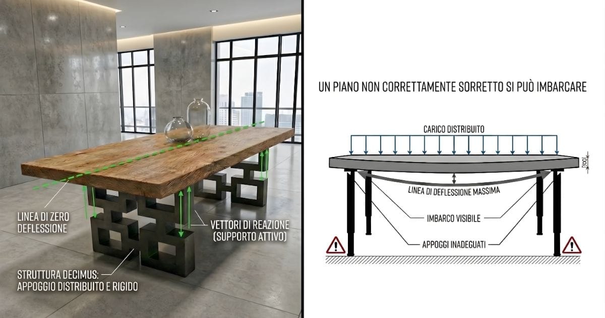 Infografica divisa in due parti che confronta due tipi di supporto per un tavolo. A sinistra, una foto mostra un grande tavolo di legno con una base geometrica in ferro chiamata 'Struttura Decimus', evidenziata da linee verdi che indicano un 'appoggio distribuito e rigido' e una 'linea di zero deflessione'. A destra, un diagramma illustra un 'piano non correttamente sorretto si può imbarcare', mostrando un piano che si piega verso il basso sotto un 'carico distribuito' a causa di 'appoggi inadeguati', con una freccia che indica la 'linea di deflessione massima