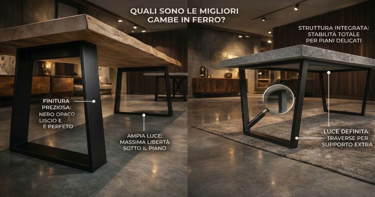 Confronto tra diverse soluzioni di gambe in ferro per tavoli: design essenziale con ampia luce sotto il piano e struttura integrata con doppia barra per garantire stabilità totale su piani delicati. Esempi di approccio progettuale adottati dai migliori produttori di gambe in ferro.