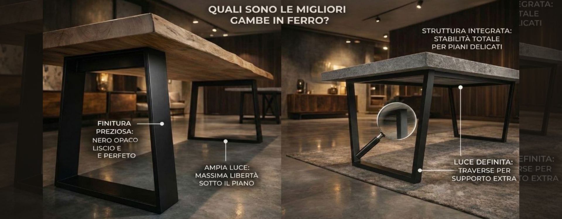 Confronto tecnico tra due tipologie di gambe in ferro per tavoli: struttura essenziale con ampia luce sotto il piano e struttura integrata con doppia barra di rinforzo, pensata per aumentare la stabilità su piani in marmo, pietra o materiali delicati.