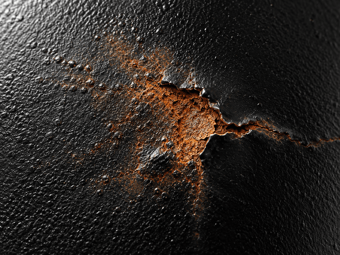 Dettaglio macro di corrosione che si sviluppa sotto una vernice nera sollevata