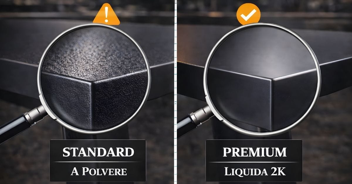 Gambe in ferro per tavoli: confronto tra verniciatura a polvere standard e verniciatura liquida 2K acrilica premium